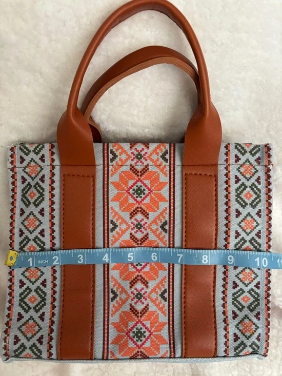 Woven Aztec Tote Bag with Brown Leather Trim - Picture 5 of 6